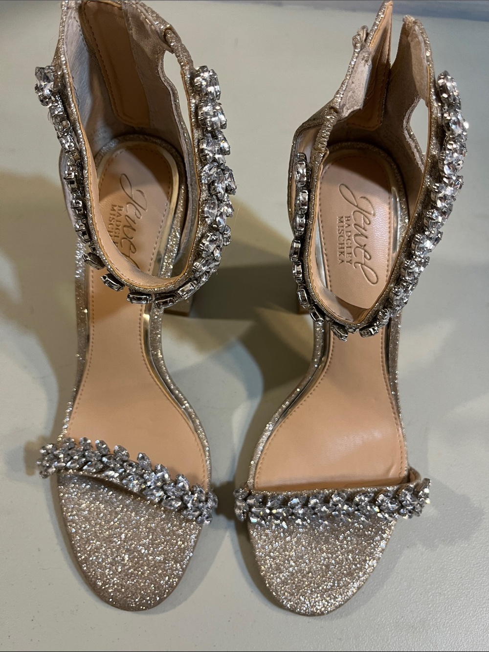 Jewel Badgley Mischka Champagne Glitter Crystal Ankle-Strap Heels